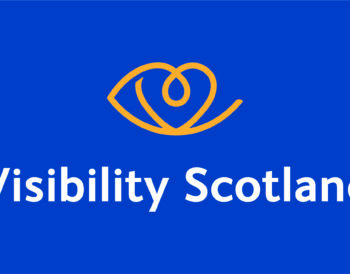 Visibility Scotland logo. There is a yellow eye shape above the words Visibility Scotland in white