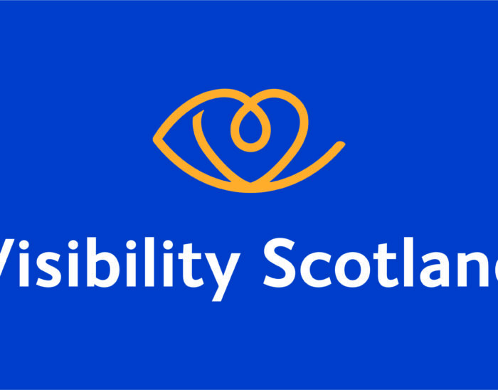 Visibility Scotland logo. There is a yellow eye shape above the words Visibility Scotland in white
