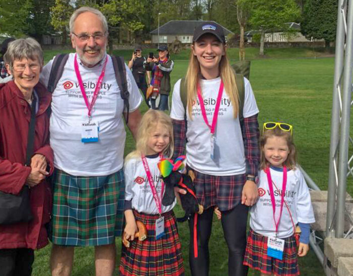 Photo of 5 smiling walkers from our Kiltwalk in 2019