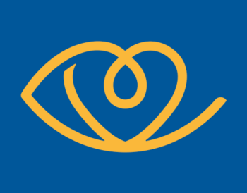 Blue background with a yellow lined drawing of a heart within an eye