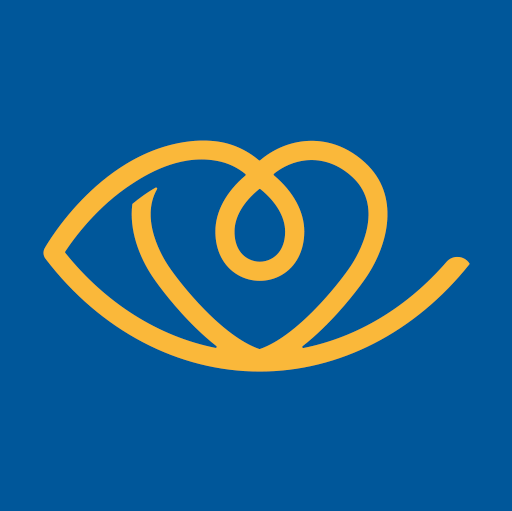 Blue background with a yellow lined drawing of a heart within an eye
