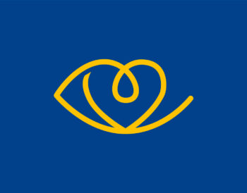 Visibility Scotland logo. Yellow eye with heart shaped pupil on a blue background.