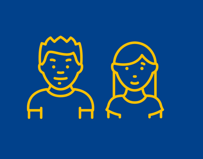 A yellow line drawing of a man and woman on a blue background