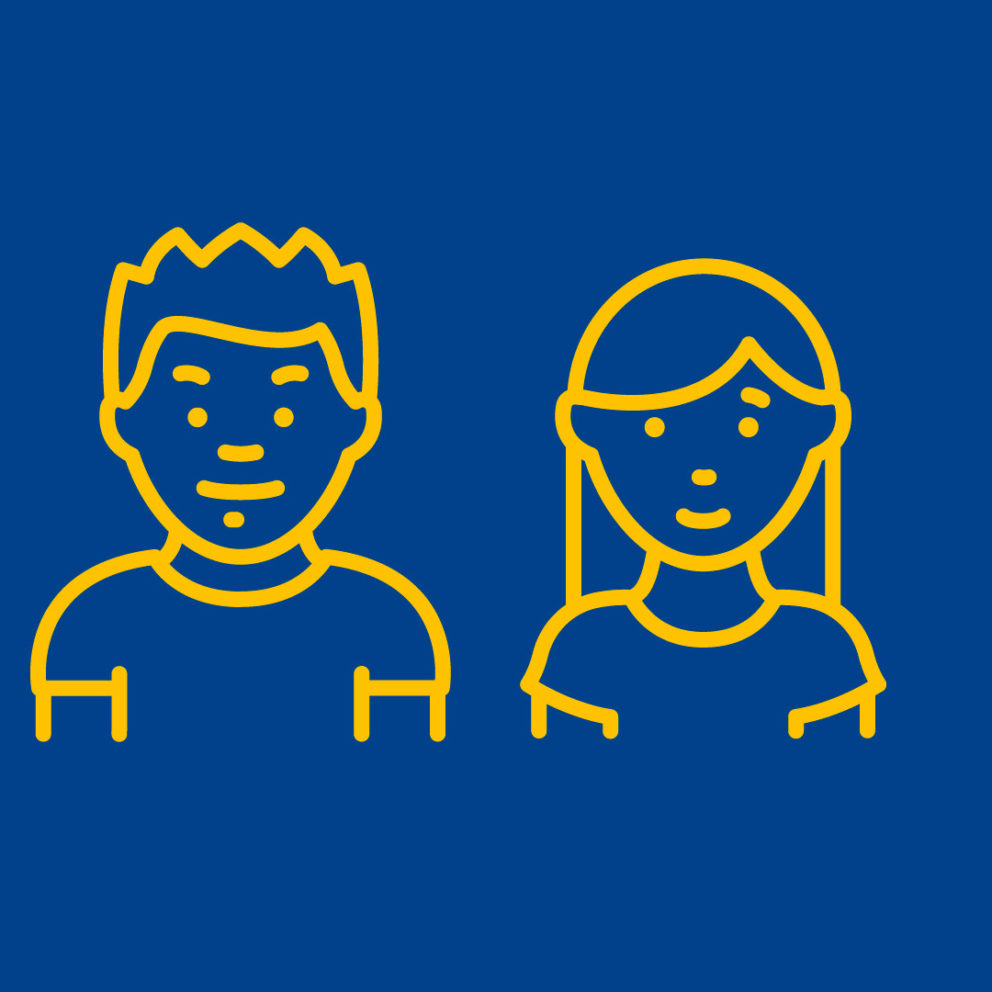 A yellow line drawing of a man and woman on a blue background