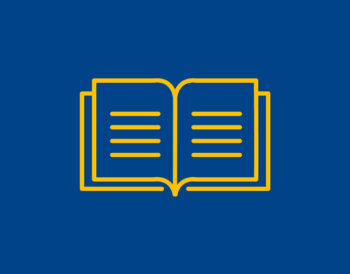 Yellow line drawing of a book on a blue background