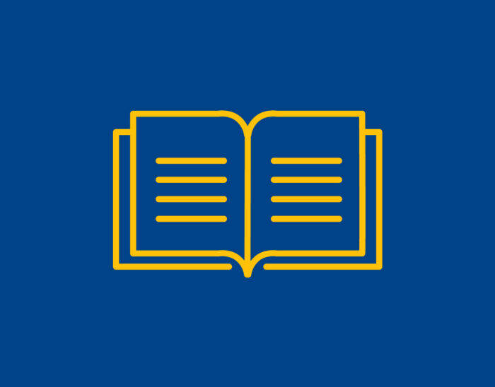 Yellow line drawing of a book on a blue background