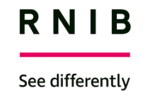 Black RNIB logo with pink line underneath and the words see differently
