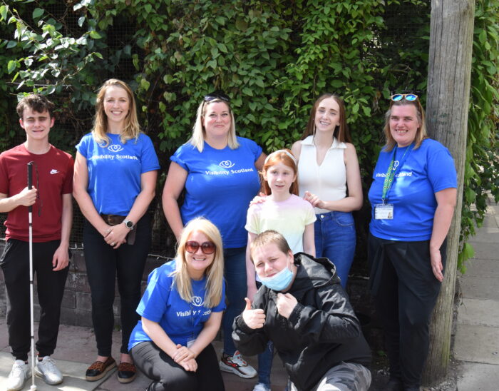 Visibility Scotland staff (Laura, Clare, Nic and Nancy) and service users (Taylor, Julie, Megan and Kieran) on a day trip to the Five Sisters Zoo.