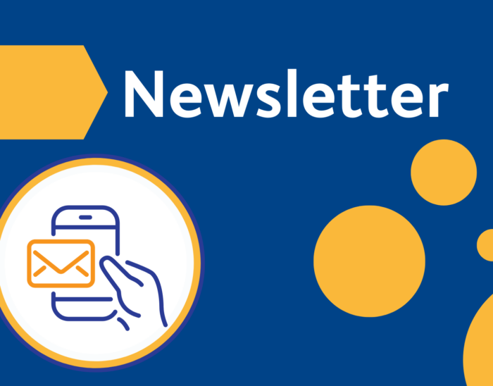 Graphic with an orange arrow pointing to text that reads 'Newsletter'. Below this there is line drawing of a hand holding a mobile phone with an envelope style 'you have mail' icon and some orange circles in different sizes.
