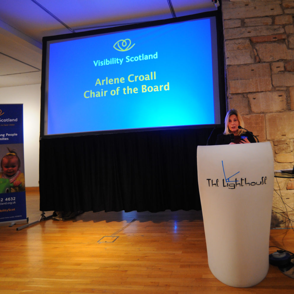 Visibility Scotland&#039;s Chair of the Board, Arlene Croall, presenting at our conference at the Lighthouse in Glasgow in 2019, when our new brand was launched.