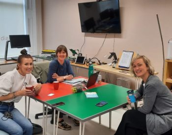 Some of the EyeCan! team planning our upcoming sessions. Pictured are Kirsteen, movement specialist from New Rhythms for Glasgow, Heather, occupational therapist from Visibility Scotland and Jenn, dietician from Food Heroes.