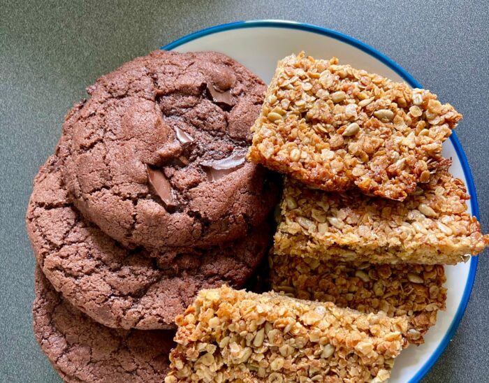 Double chocolate chip cookies and cinnamon flapjacks