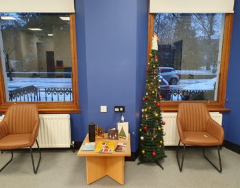 Christmas tree and cards in Visibility Scotland reception area