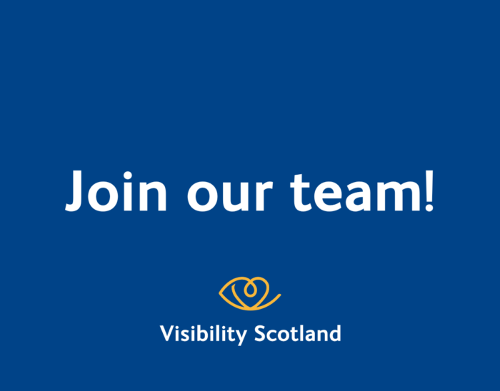 the words Join our team are in white on a blue background with Visibility Scotland's logo beneath the words.