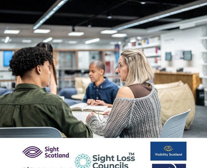 a group of visually impaired people holding a discussion while sitting at a table in a library. The logos of Sight Loss Councils, Visibility Scotland. Sight Scotland, Sight Scotland Veterans, and Thomas Pocklington Trust sits underneath the image.