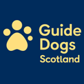 A yellow paw print on a blue background With yellow writing next to it saying Guide Dogs Scotland.
