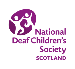 A purple logo with two people in the middle National Deaf Children's Society Scotland