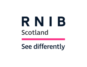A white background with black text and pink lines the ball text says RNIB Scotland see differently