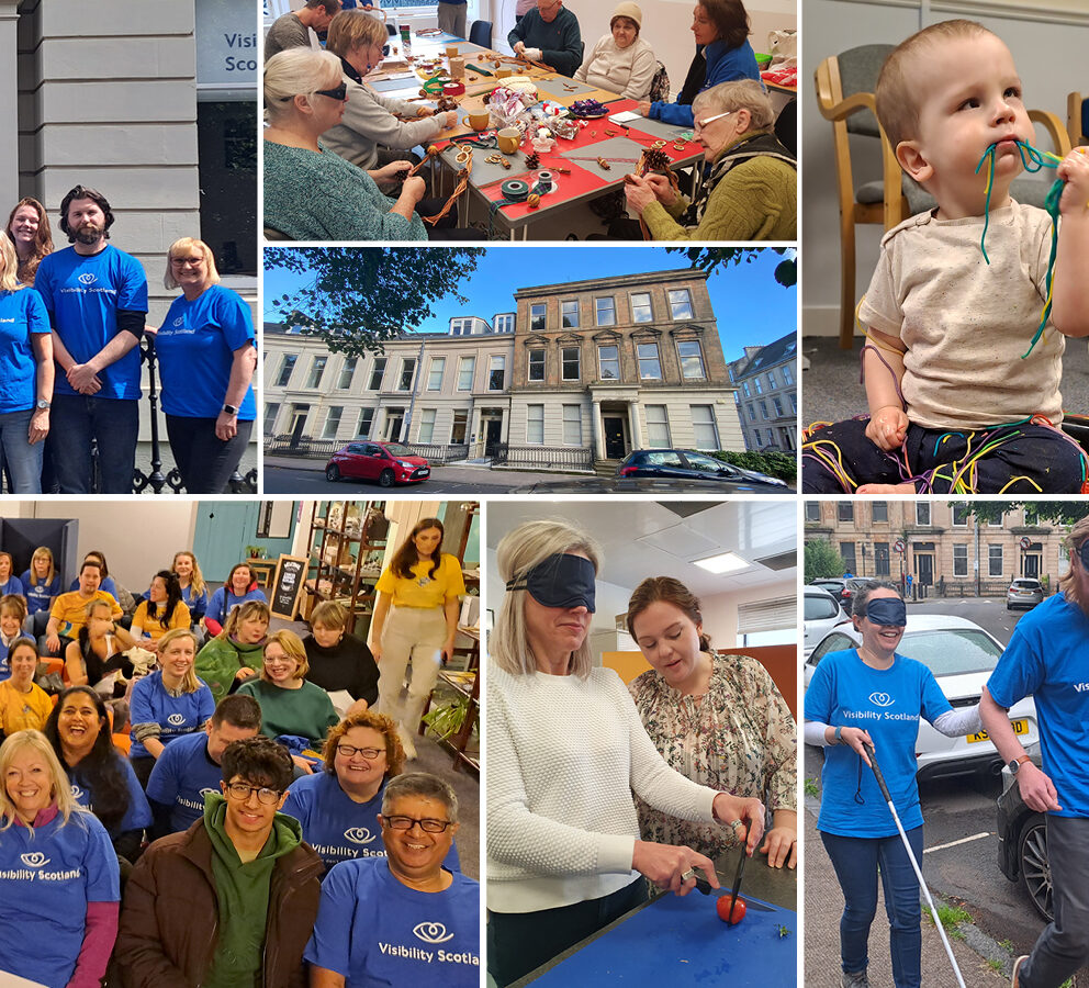 a collage of visibility scotland staff, service users, fundraising events and rehabilitation training