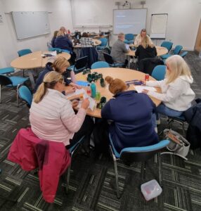 Groups of people sitting around tables taking part in a quiz on Visual Impairments