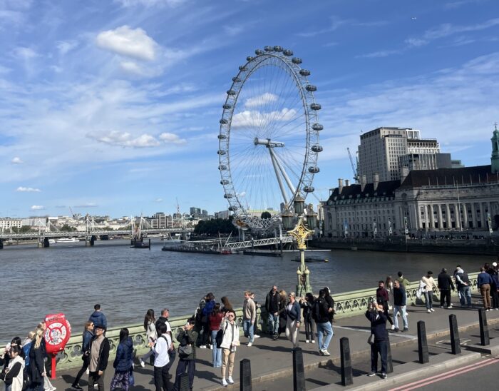People walking along street taking photos of the London Eye