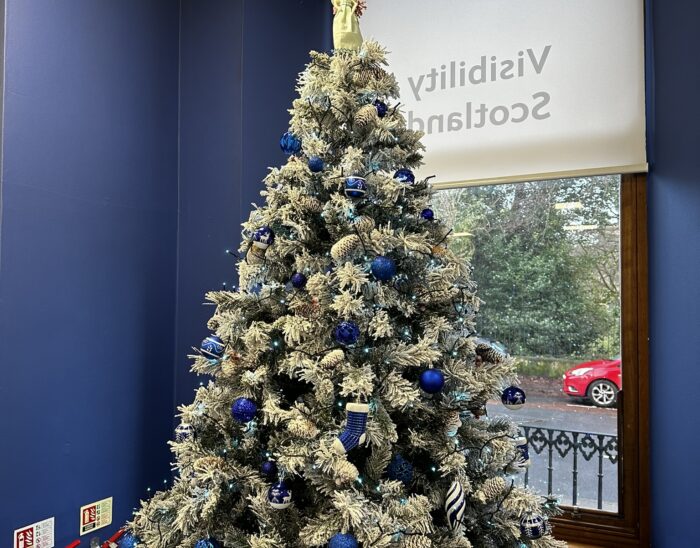 A Christmas tree decorated with blue and white baubles