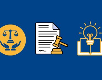 Graphic with artistic representations of legal documents and scales of justice.